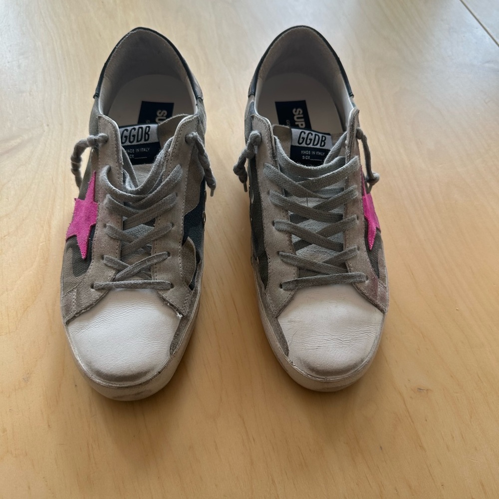 Golden Goose Camo Seakers with a Pink Star